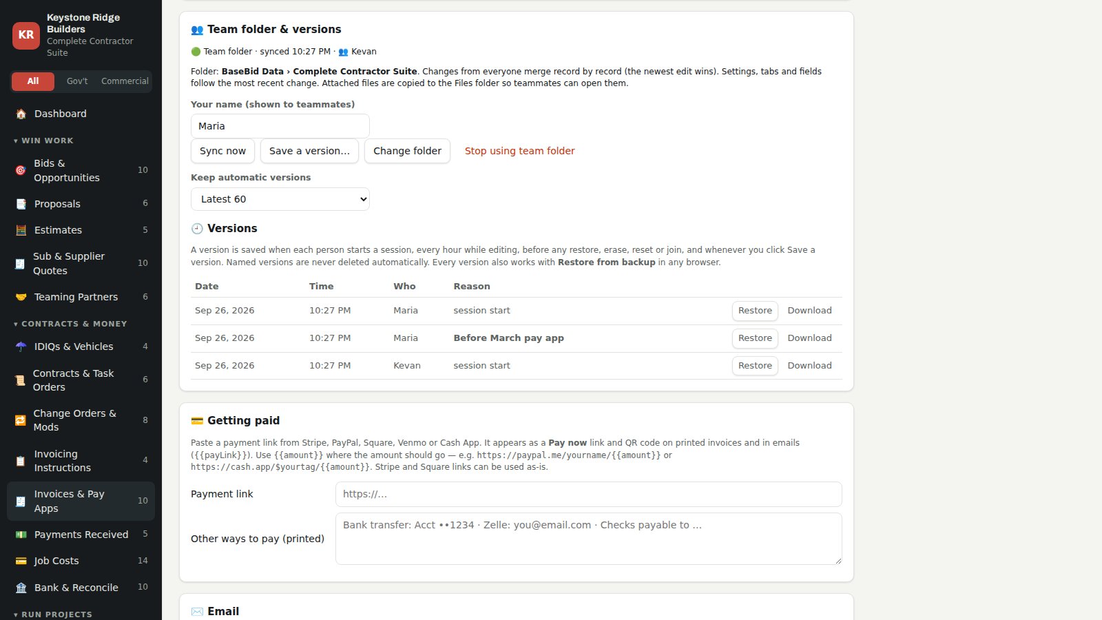BaseBid Command — Team folder & versions